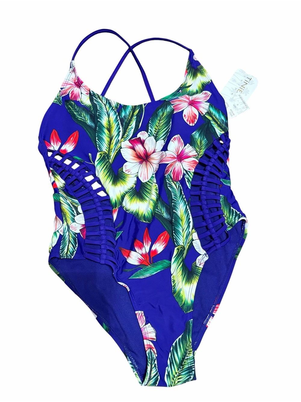TiNiBiKiNi NWT Size S Blue Tropical Floral One Piece Swimsuit Strappy Cutout